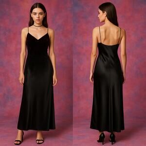 Vintage Y2K Rampage Black Velvet & Satin Slip Maxi Dress w/ Side Zipper Size 9